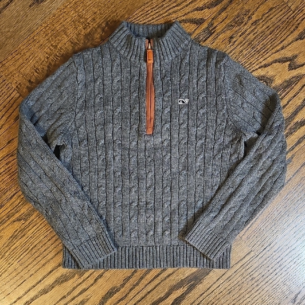 Vineyard Vines Charcoal Cable Knit Sweater with Brown Zipper